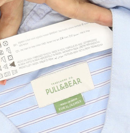 Pull&Bear Men's Blue XL Cotton Linen Band Collar Long Sleeve Shirt