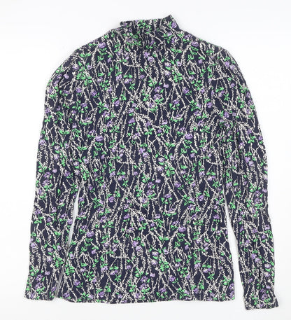 Marks and Spencer Women’s Blue Floral High Neck Long Sleeve Blouse Size 8