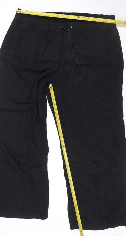 Marks and Spencer Women Black Linen Blend Wide-Leg Trousers Size 22 Regular