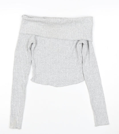 Bershka Women’s Grey Ribbed Off Shoulder Slim Fit Jumper XS