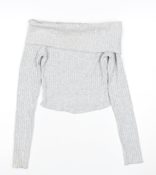 Bershka Women’s Grey Ribbed Off Shoulder Slim Fit Jumper XS