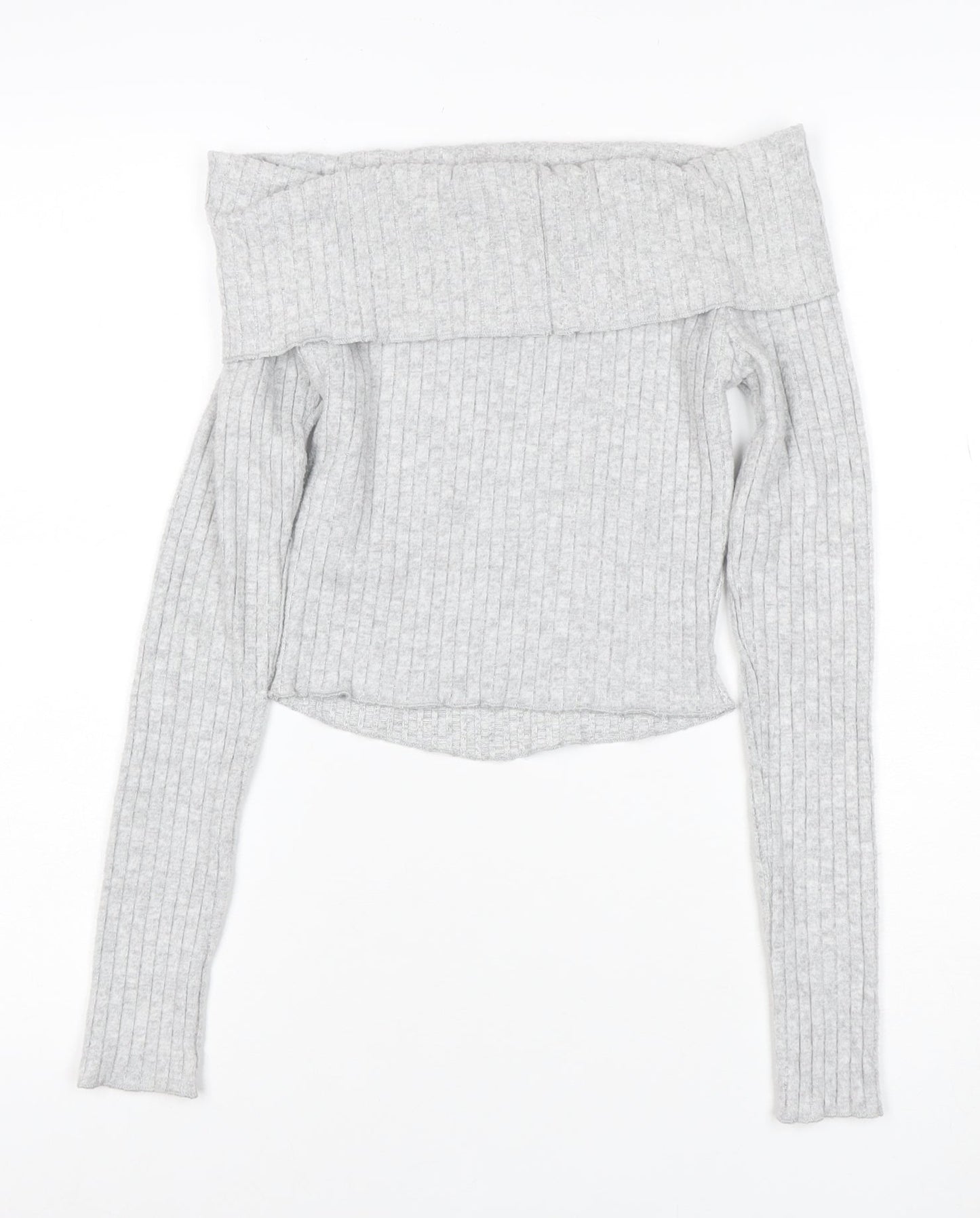 Bershka Women’s Grey Ribbed Off Shoulder Slim Fit Jumper XS