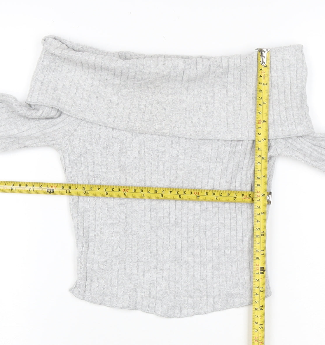 Bershka Women’s Grey Ribbed Off Shoulder Slim Fit Jumper XS