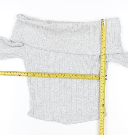 Bershka Women’s Grey Ribbed Off Shoulder Slim Fit Jumper XS