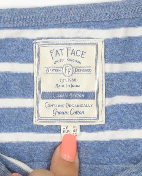 Fat Face Women's Blue Striped Long Sleeve Cotton T-Shirt Size 16