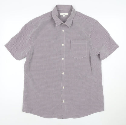 Marks and Spencer Men's Purple Check Short Sleeve Button-Up Shirt L