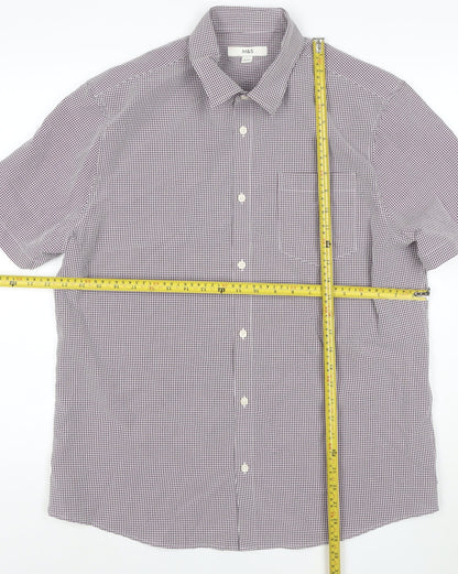 Marks and Spencer Men's Purple Check Short Sleeve Button-Up Shirt L