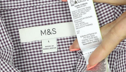 Marks and Spencer Men's Purple Check Short Sleeve Button-Up Shirt L