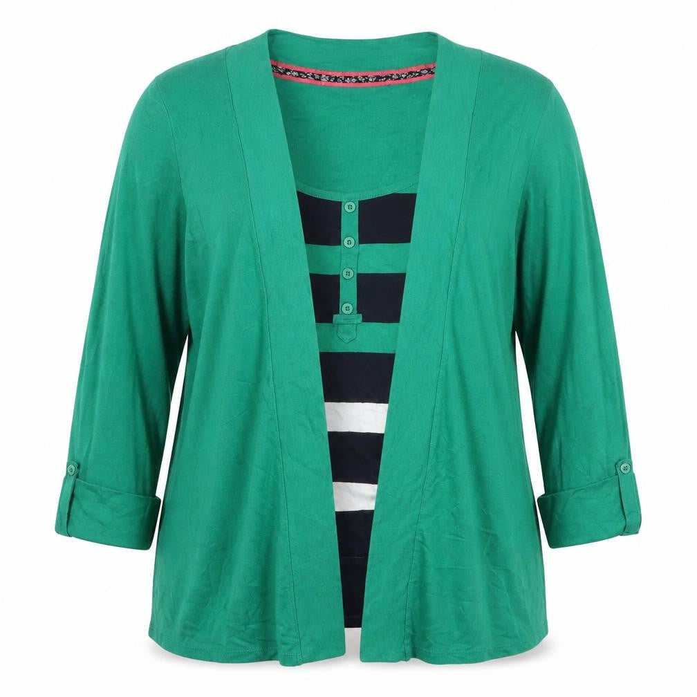 Front view of Maine New England Women's Green, size 14, Striped Long Sleeve T-Shirt