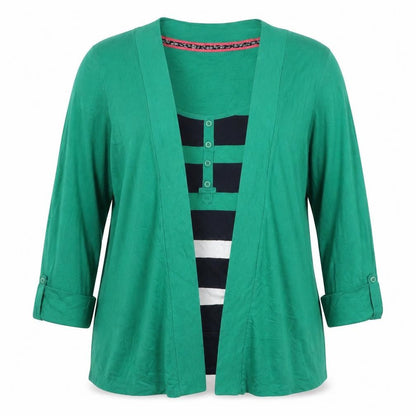 Front view of Maine New England Women's Green, size 14, Striped Long Sleeve T-Shirt