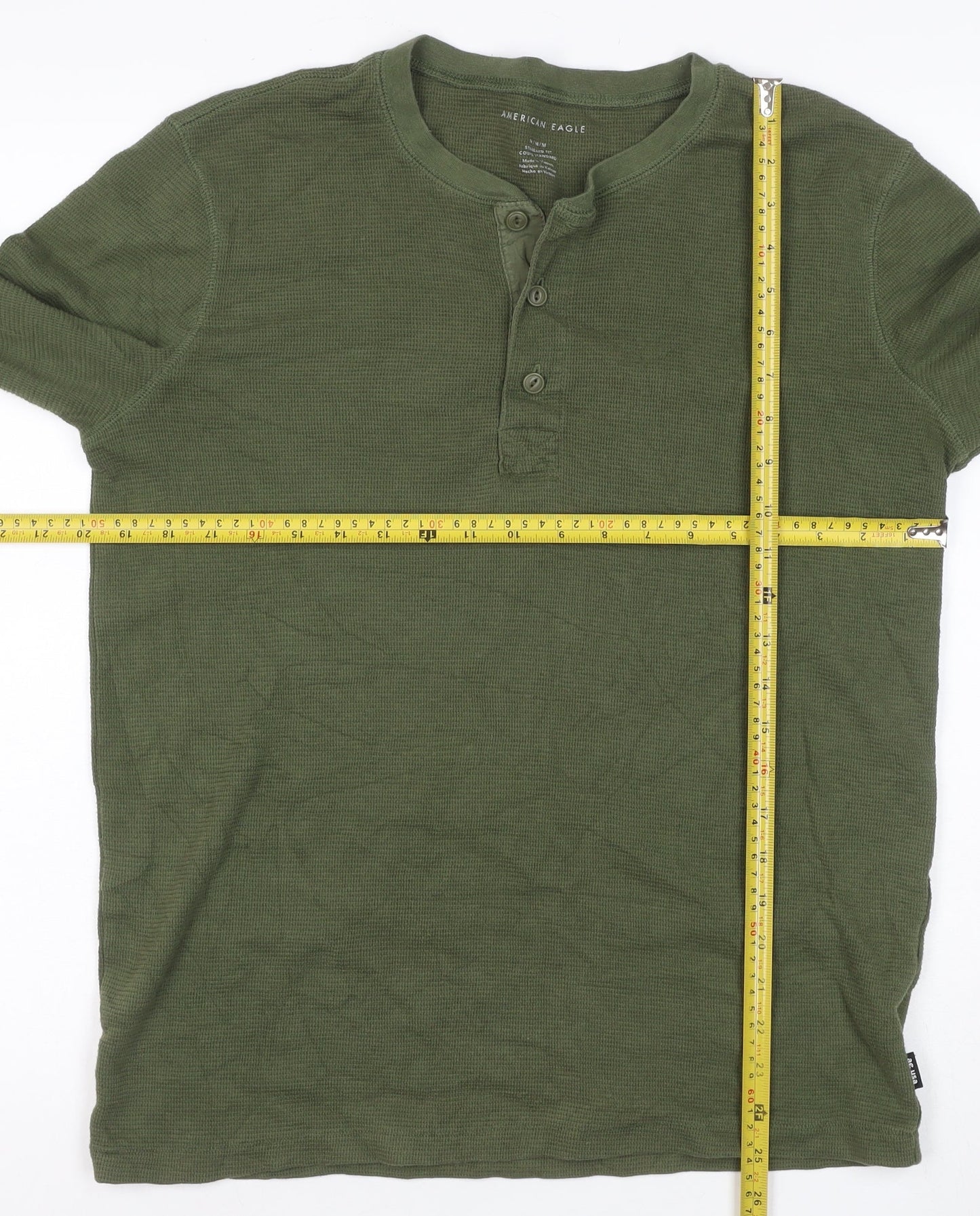 American Eagle Men's Green Henley Waffle-Knit Jumper Size M