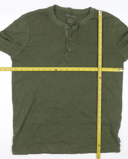 American Eagle Men's Green Henley Waffle-Knit Jumper Size M