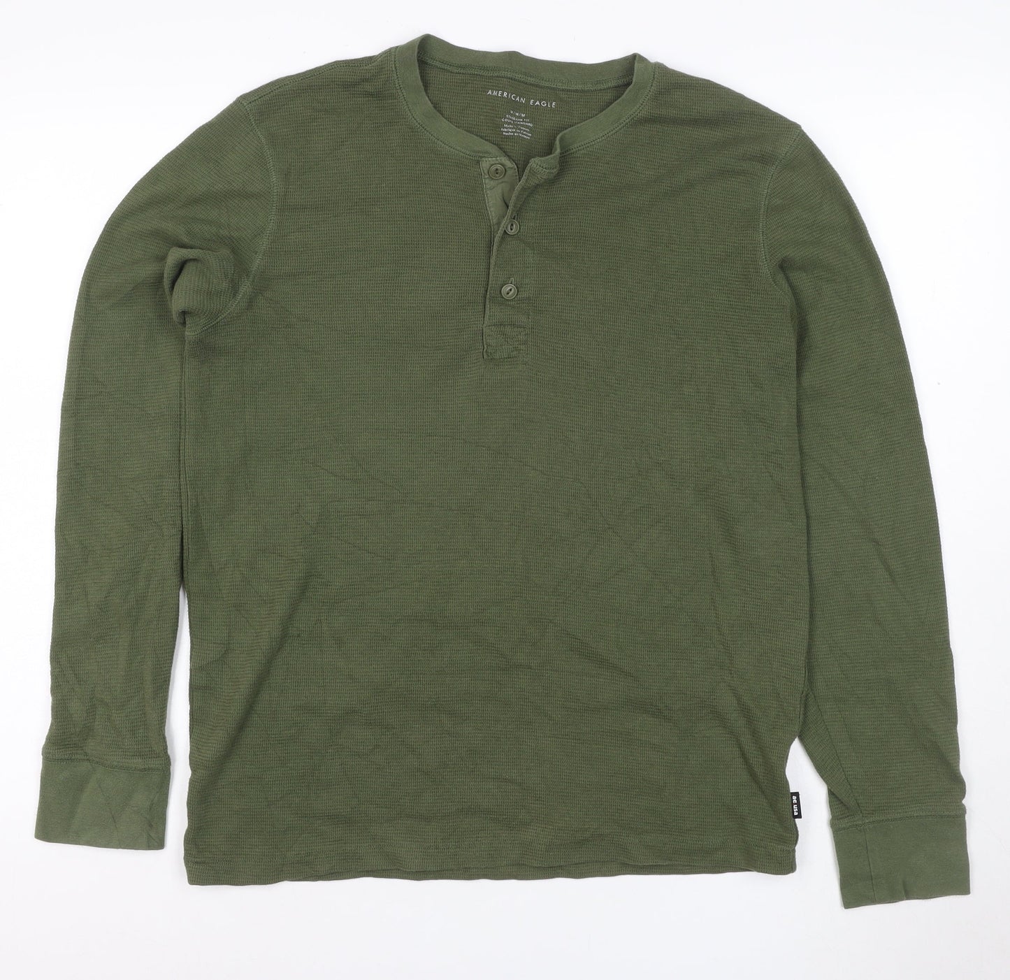 American Eagle Men's Green Henley Waffle-Knit Jumper Size M