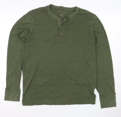 American Eagle Men's Green Henley Waffle-Knit Jumper Size M
