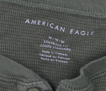 American Eagle Men's Green Henley Waffle-Knit Jumper Size M