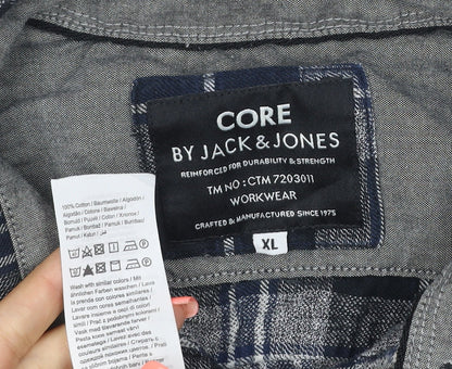 Jack & Jones Men’s Blue Check Flannel Long Sleeve Button-Up Shirt XL