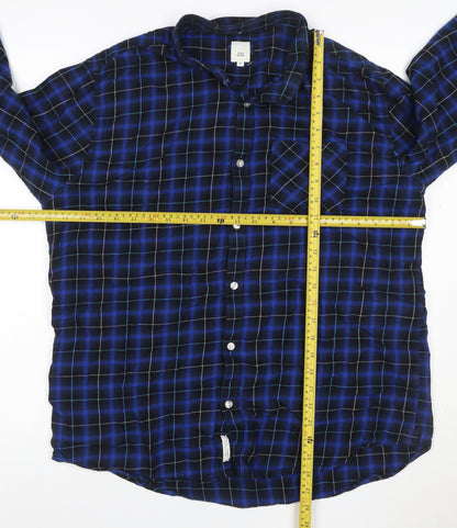 River Island Men's Blue Check Cotton Button-Up Shirt XL