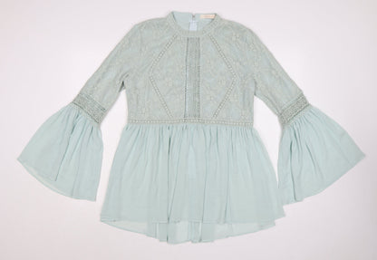 Capsule Women’s Green Lace A-Line Short Dress Size L Long Bell Sleeve