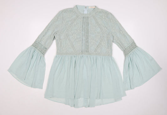 Capsule Women’s Green Lace A-Line Short Dress Size L Long Bell Sleeve