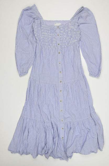 ASOS DESIGN Women Blue Stripe Midi A-Line Dress Size 16 Puff Sleeve