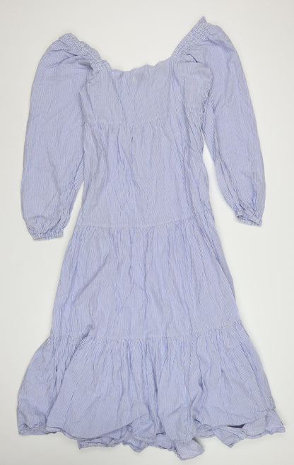 ASOS DESIGN Women Blue Stripe Midi A-Line Dress Size 16 Puff Sleeve