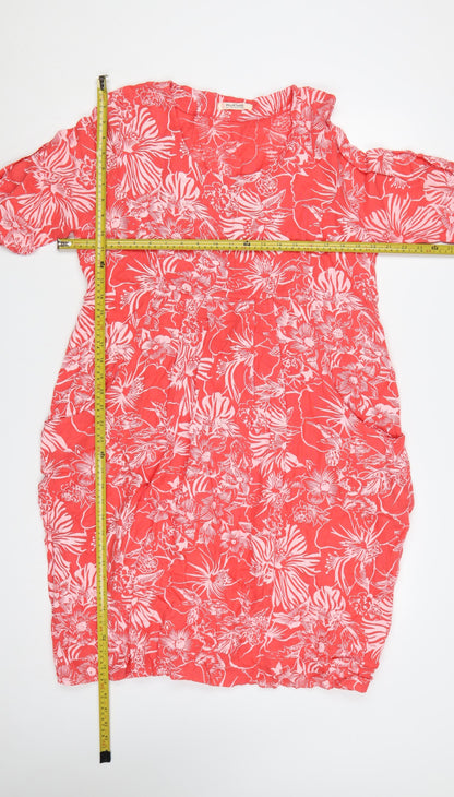 WoolOvers Women Red Linen Floral Shift Dress Size 12 V-Neck