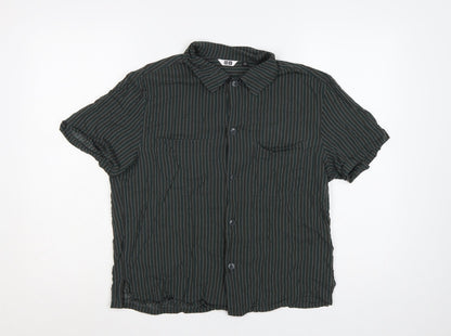 Uniqlo Women Green Striped Short Sleeve Button-Up Cotton Shirt L