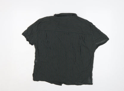 Uniqlo Women Green Striped Short Sleeve Button-Up Cotton Shirt L
