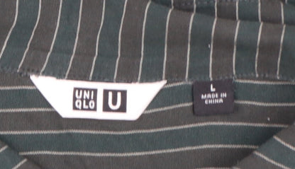 Uniqlo Women Green Striped Short Sleeve Button-Up Cotton Shirt L