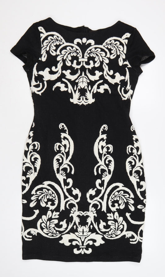 Phase Eight Women Black Size 14 Bodycon Dress with Embroidered Pattern