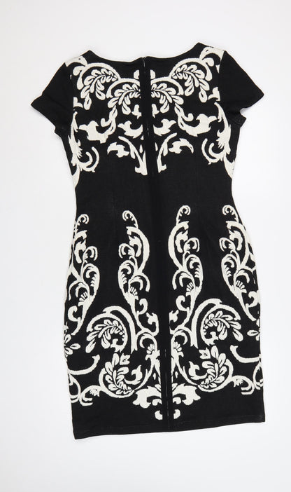 Phase Eight Women Black Size 14 Bodycon Dress with Embroidered Pattern
