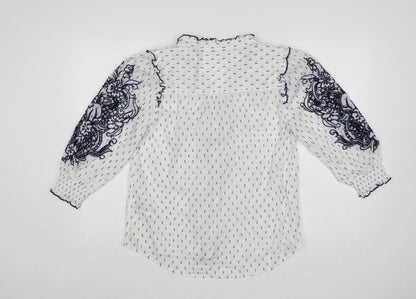Love & Roses Women's White Blue Floral Embroidered Blouse UK 12