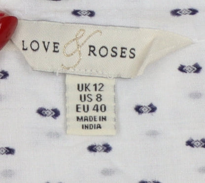 Love & Roses Women's White Blue Floral Embroidered Blouse UK 12