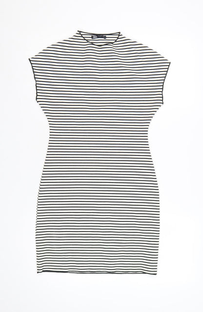Zara Women Black White Striped Bodycon Dress Size 12 Short Sleeve