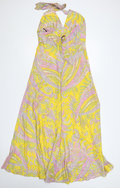 Warehouse Women Yellow Paisley Silk Halter Maxi Dress UK 12