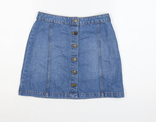 Additional front view of Denim Co. Women Blue A-Line Denim Button Short Skirt, size 10