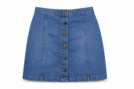 Front view of Denim Co. Women Blue A-Line Denim Button Short Skirt, size 10
