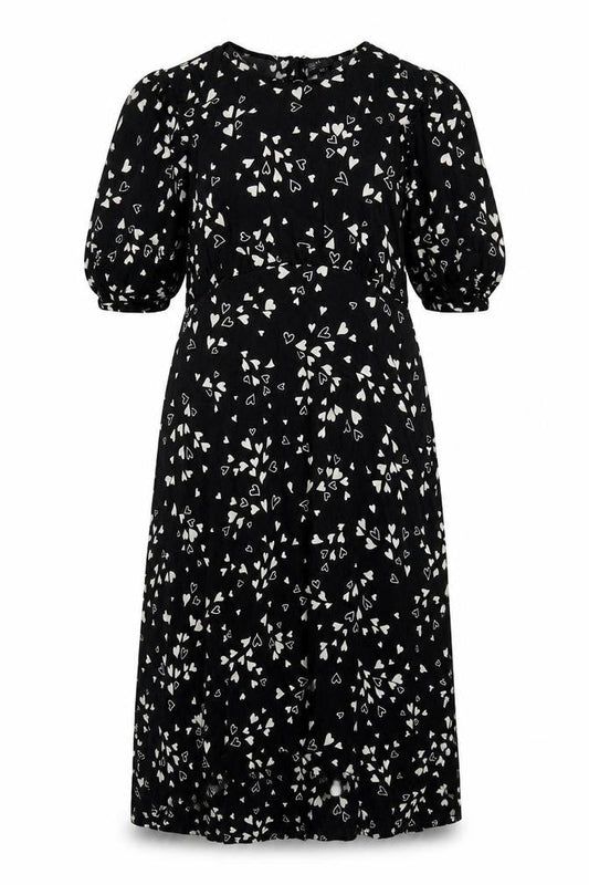 Front view of Nobody’s Child Black Heart Print Midi A-Line Dress women’s, size UK 16