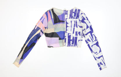 Monki Women Multicoloured Geometric Mesh Cropped Long Sleeve Blouse XL