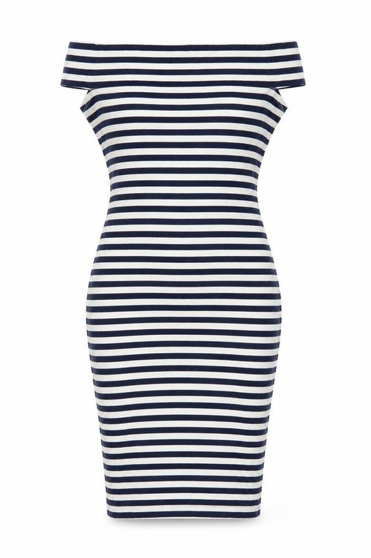 Front view of French Connection Women Blue White Striped Bodycon Dress, size 8