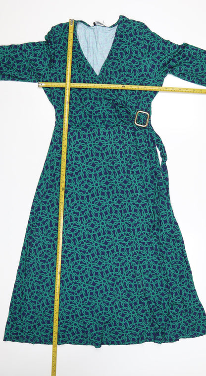 Wallis Women Green Geometric Midi Wrap Dress Size 14 Viscose Stretch