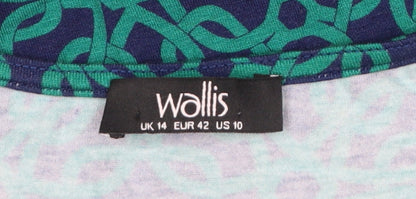 Wallis Women Green Geometric Midi Wrap Dress Size 14 Viscose Stretch