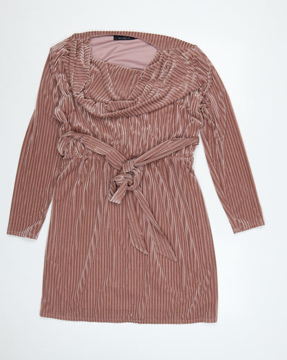 Little Mistress Women Pink Velvet Belted Cowl Neck Knee Length Dress Size 14