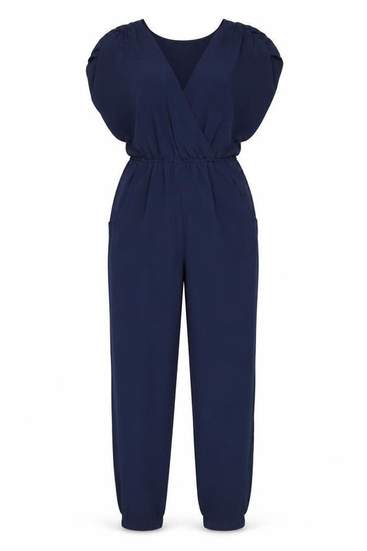 H&M Women’s Blue Tapered V-Neck Short Sleeve Jumpsuit Size 6