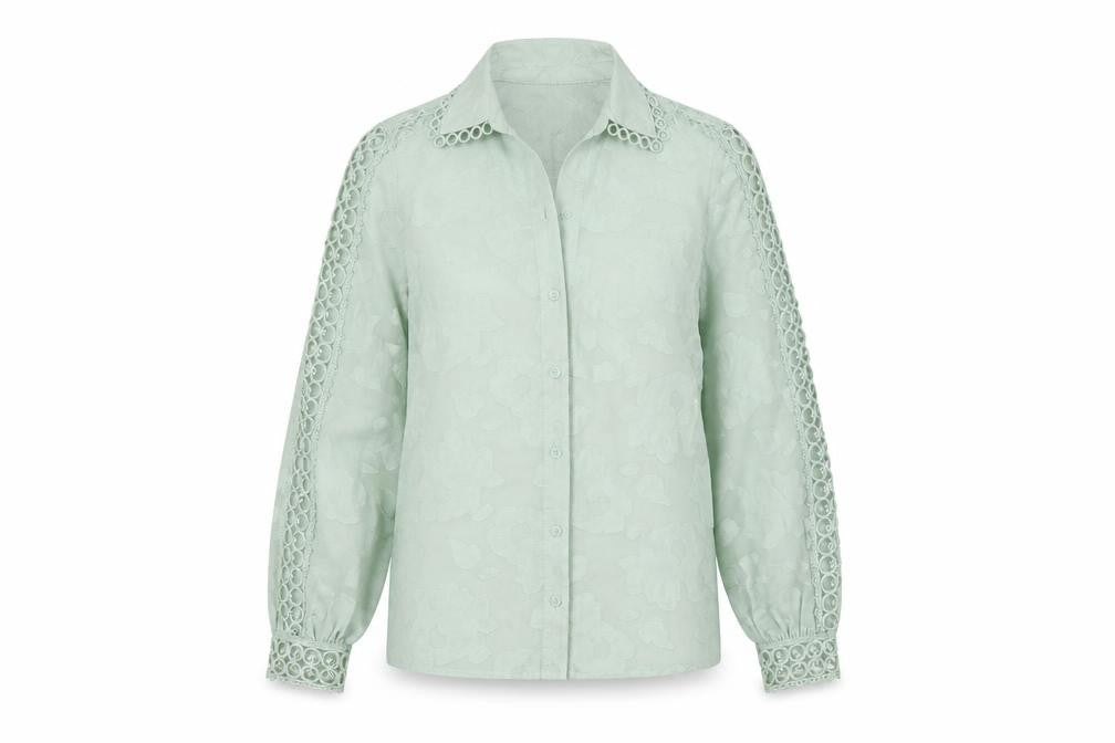 Lipsy Women Green Floral Crochet Long Sleeve Blouse Size 10