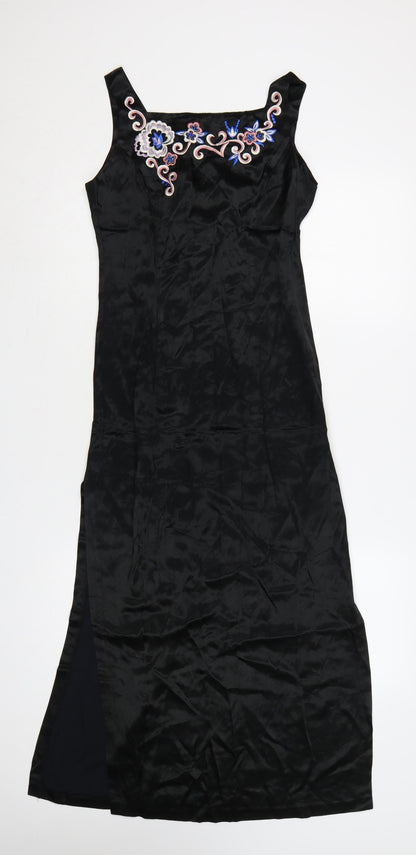 Rampage Women Black Long Sheath Dress Size 8 Sleeveless Embroidered Retro Evening