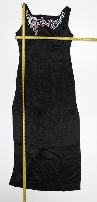 Rampage Women Black Long Sheath Dress Size 8 Sleeveless Embroidered Retro Evening