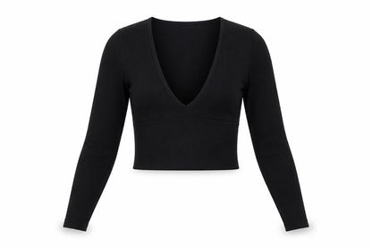Urban Outfitters Womens Black Cropped Long Sleeve V-Neck Top S