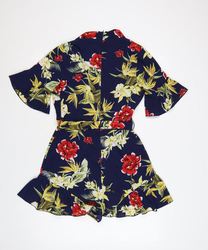 Parisian Women’s Navy Floral Wrap Playsuit UK 10 Short Sleeve Belted Summer Outfit