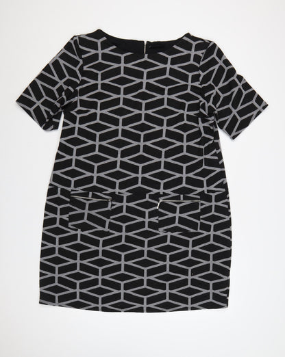 Wallis Women’s Black Geometric Shift Dress Size 20 Knee Length Zip Detail